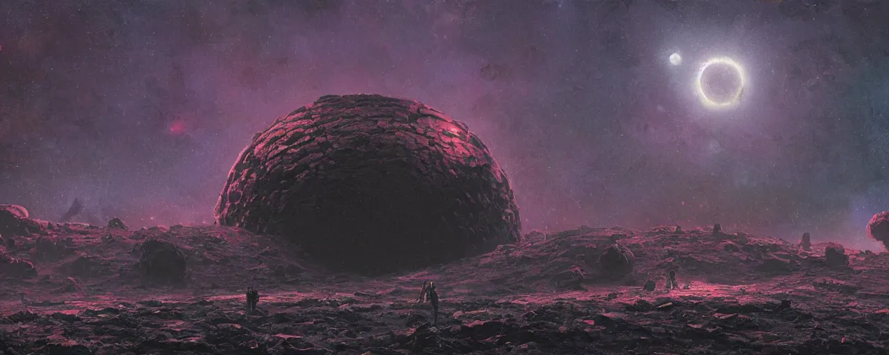 Prompt: ” night at a outer planet made of barren black rock with black sky and massive craters, [ blackness, cinematic, detailed, epic, widescreen, opening, establishing, mattepainting, photorealistic, realistic textures, octane render, art by paul lehr ] ”