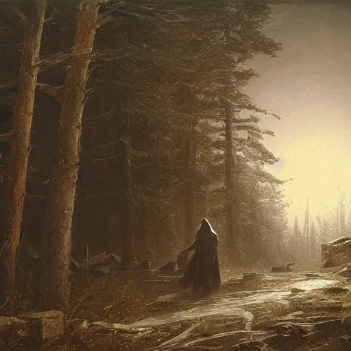 Image similar to a hooded figure carrying a torch approaches an abandoned tavern on a moonlit night, Ivan Shishkin and Greg Rutkowski