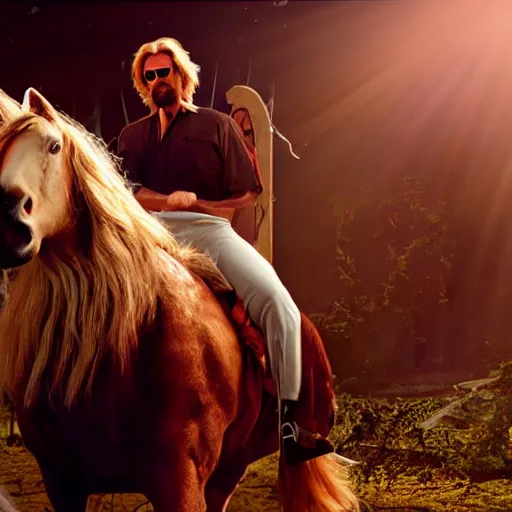 Prompt: big lebowski riding a unicorn, cinematic lighting, award winning photography