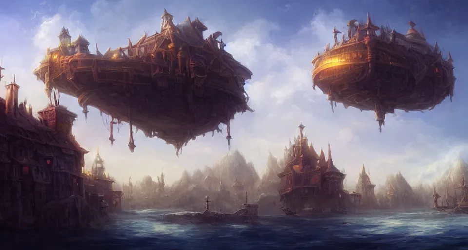 Image similar to low fantasy, landscape an floating town in the sky and an sky - ship flying towards it andreas rocha