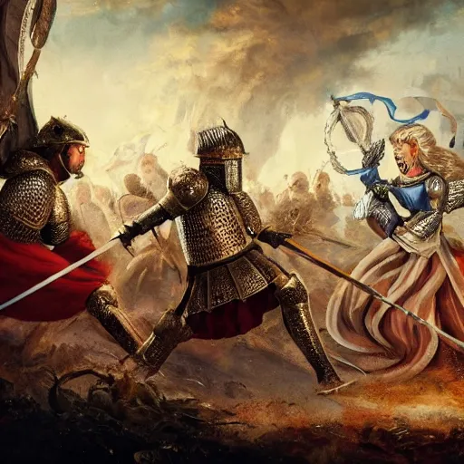 Prompt: queen isabel dressed as a knight fighting monsters insanely detailed, 8k, trending on artstaion