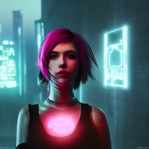 Prompt: full body portrait of a beatiful girl with short pink hair and glowing eyes, cyberpunk, cinematic, unreal engine, 4k, realistic, wallpaper