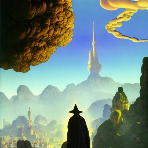 Prompt: a magical wizard in front of a big and structured landscape of a big and structured fantasy kingdom city by Maxfield Parrish, digital art 8k, trending on artstation, anime, unreal engine