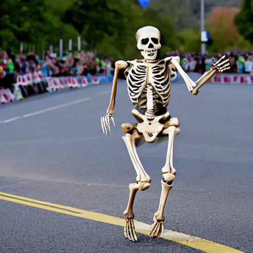 Prompt: A skeleton crossing the finish to win a marathon, award winning photograph,