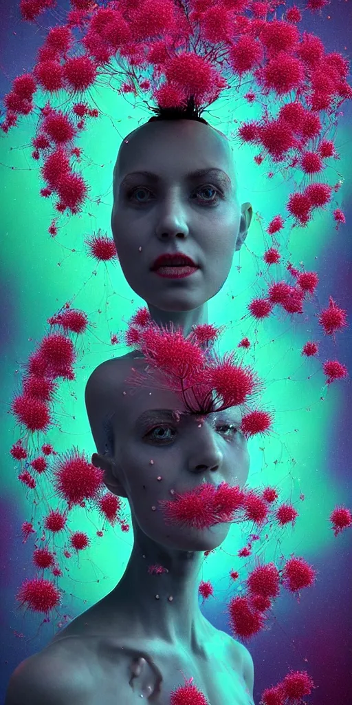 Image similar to hyper detailed 3d render like a Oil painting - portrait sculpt of Aurora (Singer) seen in mascara Lips on the Strangling network of yellowcake aerochrome and milky Fruit that covers her body and Her delicate Hands hold of gossamer polyp blossoms bring iridescent fungal flowers whose spores black the foolish stars by Jacek Yerka, Mariusz Lewandowski, Houdini algorithmic generative render, Abstract brush strokes, Masterpiece, Edward Hopper and James Gilleard, Zdzislaw Beksinski, Mark Ryden, Wolfgang Lettl, hints of Yayoi Kasuma, octane render, 8k