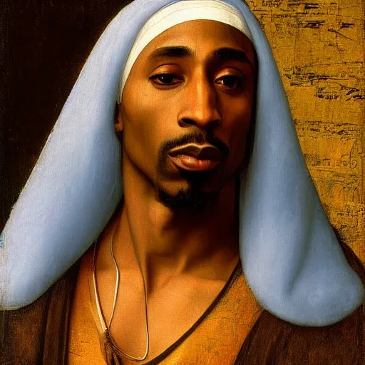 Prompt: A Renaissance portrait painting of Tupac Shakur by Giovanni Bellini and Leonardo da Vinci. 8k detailed painting Tupac