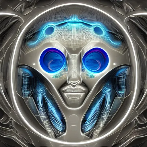 Image similar to an insanely detailed cibernetic artwork of a futuristic artificial intelligence superstar, extremely detailed water texture, centered image, perfectly symmetrical alien face, with frames made of detailed fractals, octane render, 4k, insanely detailed, detailed grid as background, cgi