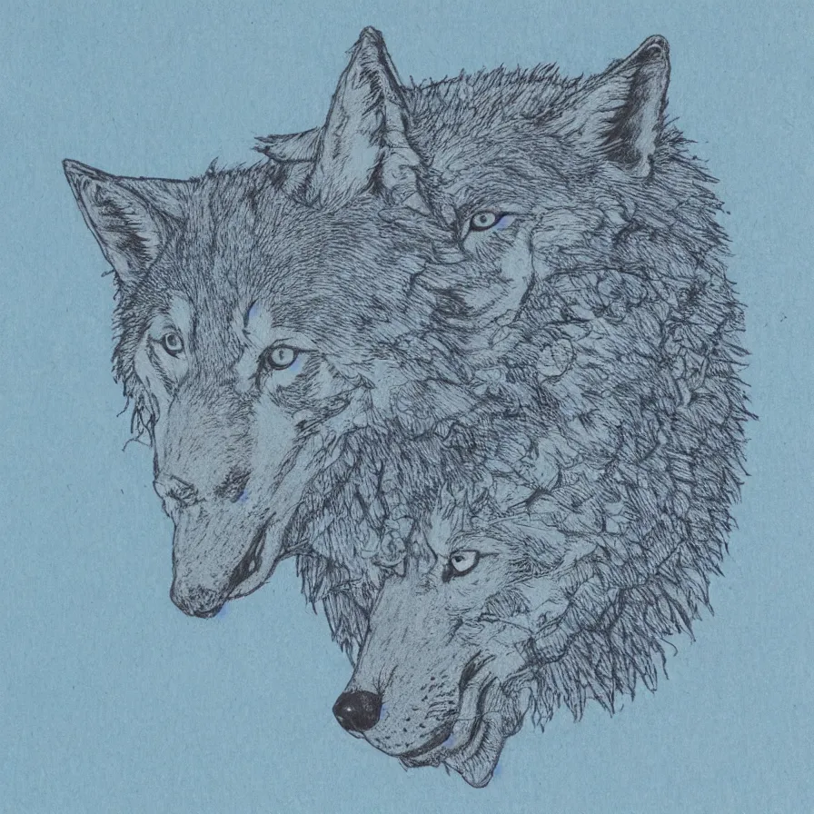 Prompt: highly detailed color drawing of a 3-headed wolf, on grainy blue paper, faded pastel colors, risograph print