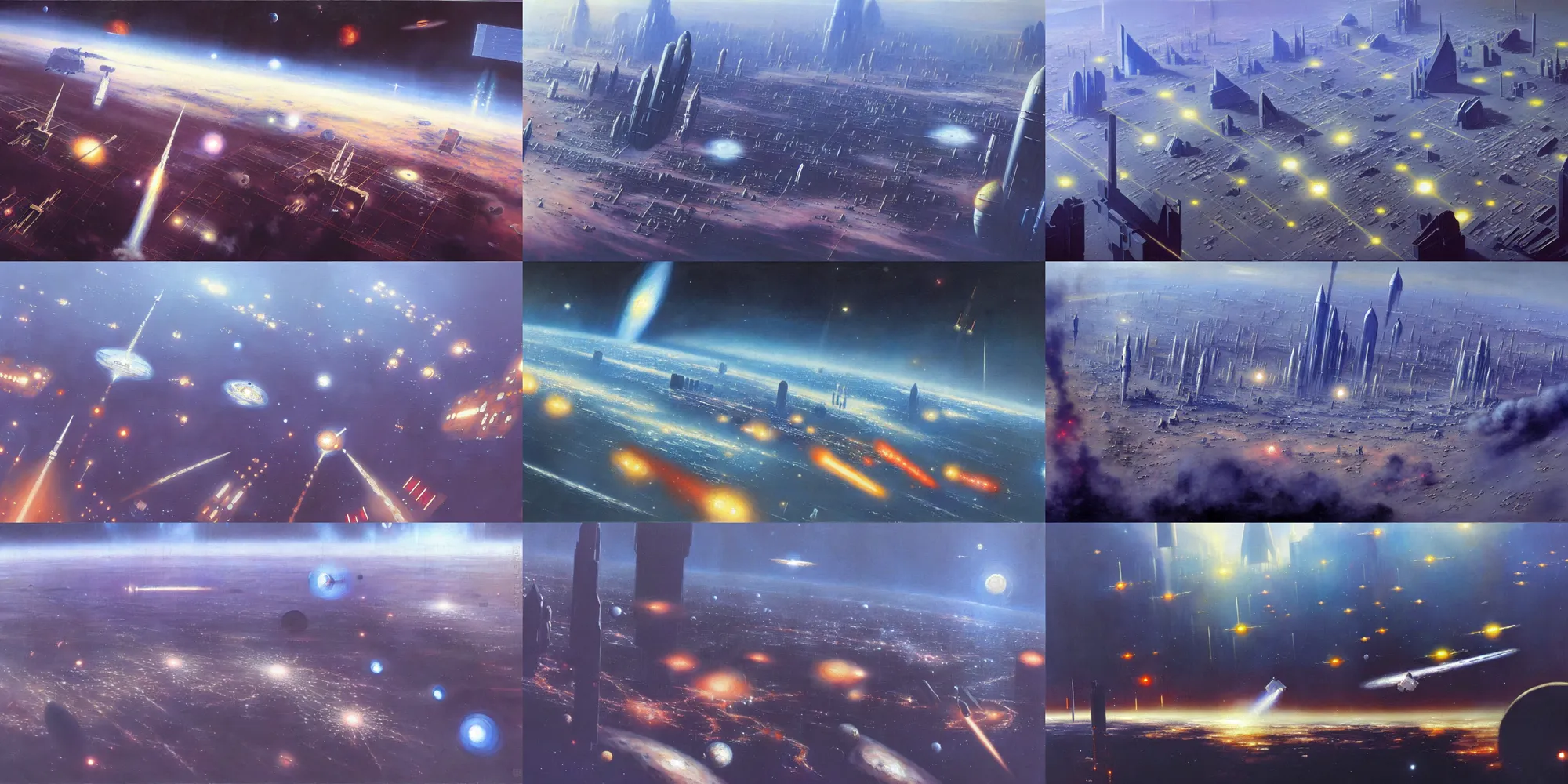 Image similar to a painting of low earth orbit space city under war by john harris. sharp edges. 8 k. ultra clear detailed