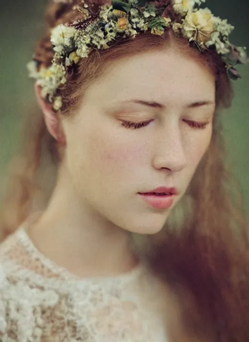 Image similar to Kodak Portra 400, 8K, soft light, volumetric lighting, highly detailed, britt marling style 3/4, Close-up portrait photography of a beautiful woman how pre-Raphaelites a woman with her eyes closed is surrounded by water face is surrounded by fish, she has a beautiful lace dress and hair are intricate with highly detailed realistic beautiful flowers , Realistic, Refined, Highly Detailed, natural outdoor soft pastel lighting colors scheme, outdoor fine art photography, Hyper realistic, photo realistic