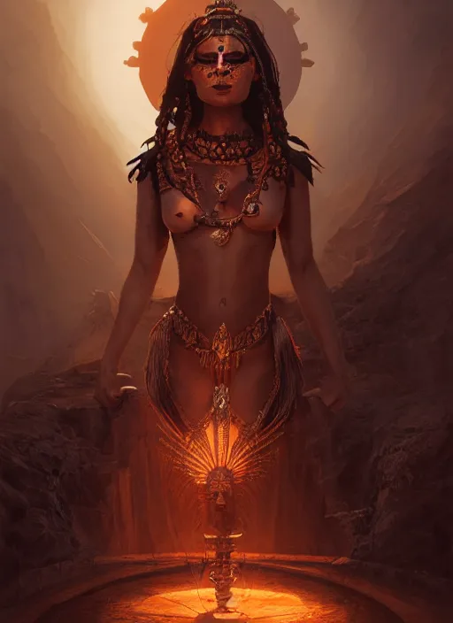 Image similar to aztec sun goddess, dark shadows, contrast, concept art, sharp focus, digital art, Hyper-realistic, 4K, Unreal Engine, Highly Detailed, Dramatic Lighting, Beautiful, by bastien lecouffe-deharme