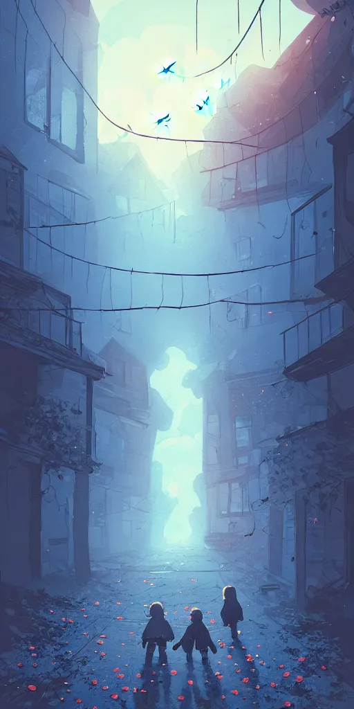 Image similar to abandoned apocalyptic old alley with a kid at the centre, trees and stars background, falling petals, epic blue sunlight, perfect lightning, illustration by niko delort,