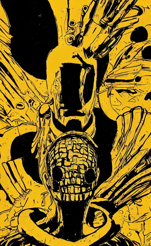 Image similar to golden robed ancient god with a giant bird skullhead, comic book texture, 4 k asymmetrical portrait, frank miller, jamie hewlet, ashley wood, tom lovell, mike mignola, trending on artstation, norman saunders, will eisner, 4 k