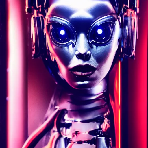 Prompt: charlotte kemp muhl as a cyborg android, giger, futuristic, cyberpunk, neon, vivid color, high resolution, 8 k detail