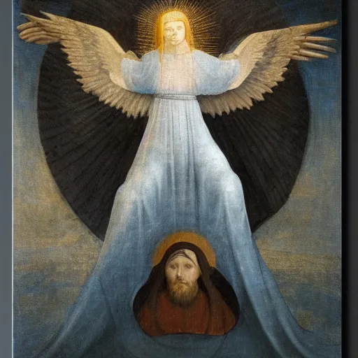 Image similar to realistic medieval painting portrait of white angel with clean narrow face like noface, 3 / 4, miracle light coming up from the head up and up, misty space, grace and blessing, sfumato effect by hieronymus bosch, by leonardo da vinci, renaissance, christianity, glow effect, white background