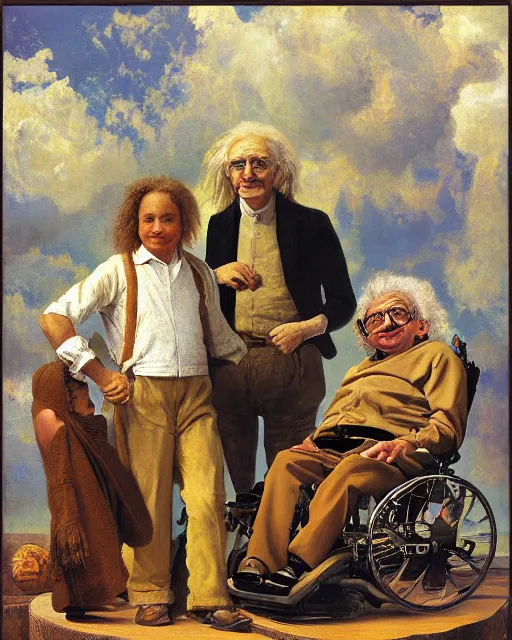 Prompt: painterly family portrait, isaac newton and stephen hawking and albert einstein, impasto, fantasy, chuck close:7, carl spitzweg:7, cinematic light, full face, symmetrical face