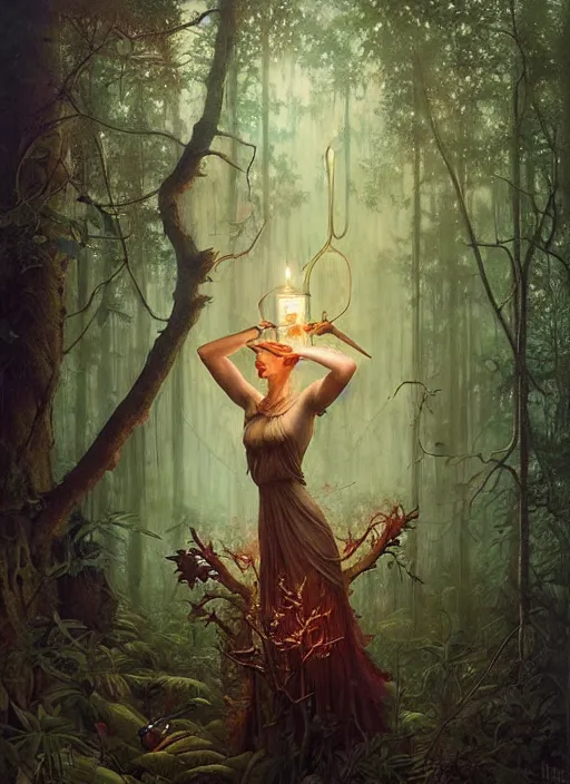 Image similar to a hyper realistic floating fairy shrine, candles, in the woods, gorgeous lighting, lush forest foliage, explosions painting by chiara bautista and tom bagshaw, mucha, beksinski and norman rockwell and greg rutkowski weta studio, and lucasfilm