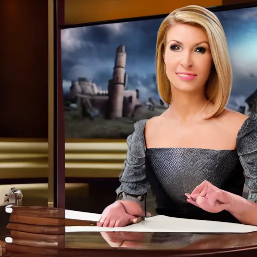 Image similar to cinematic studio photograph of a medieval era fox news anchorwoman at work, by fox news in ancient europe