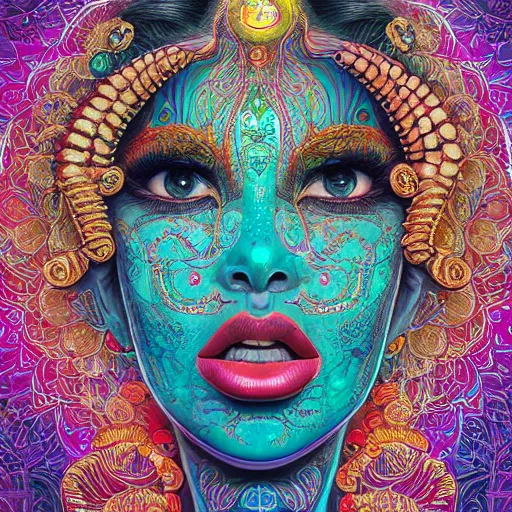 Prompt: the face of a ridiculously beautiful and sophisticated indian woman partially made of onion rings of all colors looking down, an ultrafine detailed illustration by james jean, final fantasy, intricate linework, bright colors, behance contest winner, vanitas, angular, altermodern, unreal engine 5 highly rendered, global illumination, radiant light, detailed and intricate environment