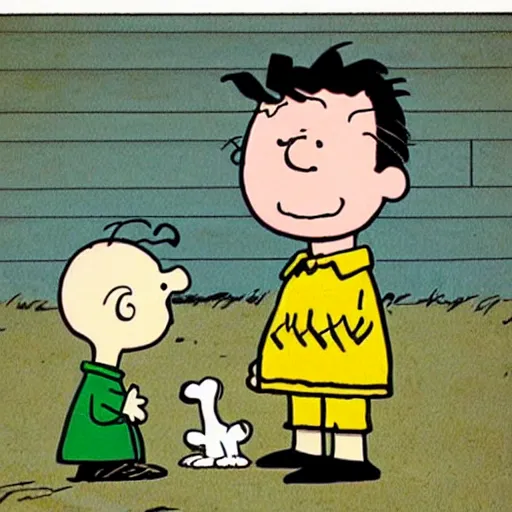 Image similar to charlie brown playing with young albert einstein by charles schultz, comic book,