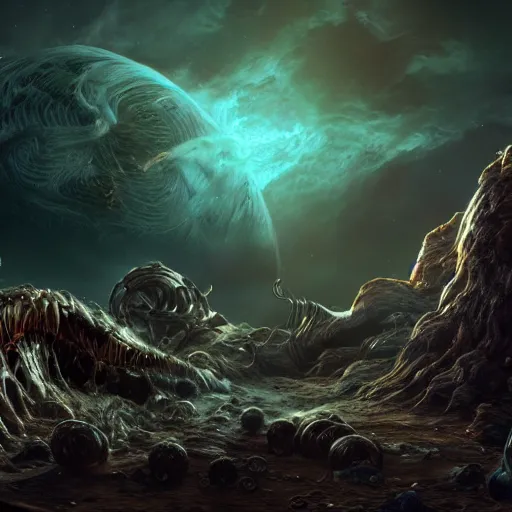 Image similar to eldritch horror bloody garfield in space, hd, 8 k, giant, epic, realistic photo, unreal engine, stars, prophecy, powerful, cinematic lighting, destroyed planet, debris, violent, sinister, ray tracing, dynamic, epic composition, dark, horrific, teeth, grotesque, monochrome drawing, hellscape