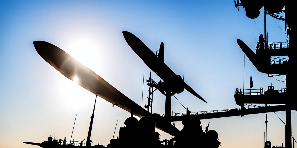 Image similar to warplane stand still on war ship, a dog cartoon symbol on its tail, sun on the background, a little bit silhouette, high quality, award winning photography, photo professional, photography, 2 4 mm lens, f 2. 0, high quality, sharpen, detailed, 8 k, hd, uhd, color grading