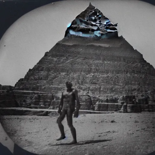 Prompt: tintype photo, underwater, Bigfoot walking in front of the pyramids