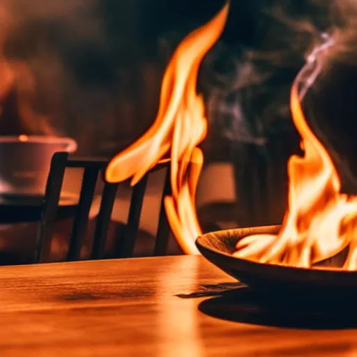 Prompt: a photograph of a room on fire, only remains a wooden table and a chair, an human-like relaxed dog sitting at this table, ☕ on the table, surrounded by flames, a lot of flames behind the dog, smoke under the ceiling