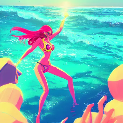 Image similar to neon bikini woman in the ocean | hyperrealistic digital painting by makoto shinkai, ilya kuvshinov, lois van baarle, rossdraws | afrofuturism in the style of hearthstone and overwatch, trending on artstation