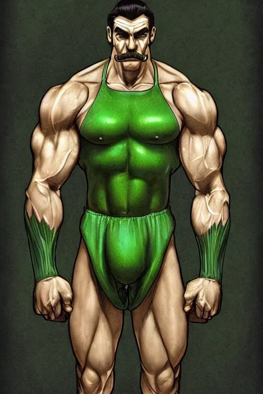 Image similar to muscular luigi wearing a green jumpsuit by ilya kuvshinov, bodybuilder ernest khalimov, super mario bros symmetrical face concept art, hyper realistic, intricate, elegent, highly detailed, digital painting, concept art, smooth, sharp, focus, illustration, art by artgerm and greg rutkowski and alphonse mucha, artstation