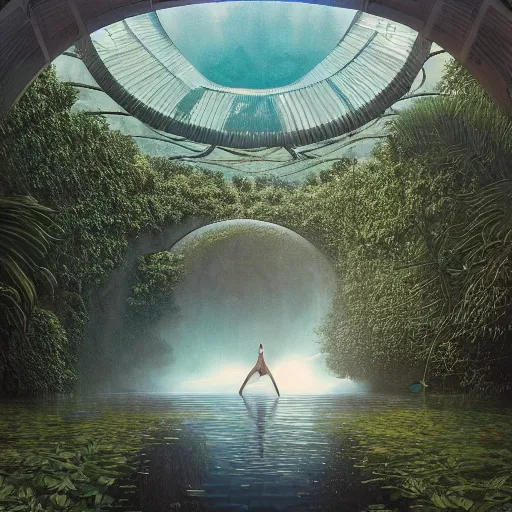 Image similar to minimalistic, hyperrealistic surrealism, award winning masterpiece with incredible details, epic stunning, infinity pool, an astronaut alone inside an empty dark flooded ballroom overgrown with aquatic plants, highly detailed, trending on ArtStation, artgerm and greg rutkowski and alphonse mucha, daily deviation, IAMAG