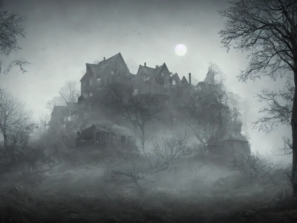 Prompt: house on the hounted hill, horror, creepy, surreal, dreamscape, high quality, ultradetailed, sharp, artstation, 4 k, volumetric fog