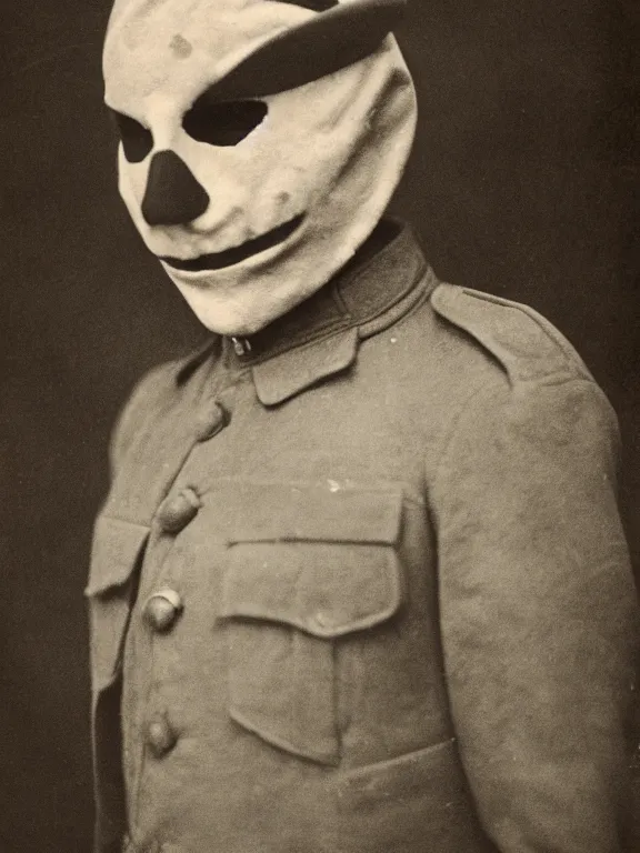Prompt: portrait of man with rorschach mask, ww1 photo, grainy, high detail, high resolution,
