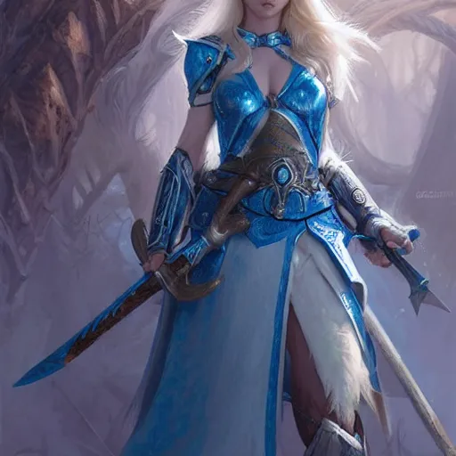 Image similar to young blonde female elf warrior in blue and white armor, surrounded by rabbit knights, epic wallpaper, high fantasy, flowers and trees, intricate detail, digital painting, artstation, concept art, smooth, sharp focus, illustration, art by greg rutkowski and wlop and raymond swanland and ross tran