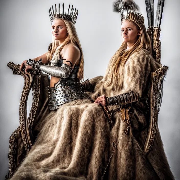 Prompt: photo of a very beautiful!! nordic queen warrior sitting on her throne highly detailed 8 k hdr smooth sharp focus high resolution award - winning photo