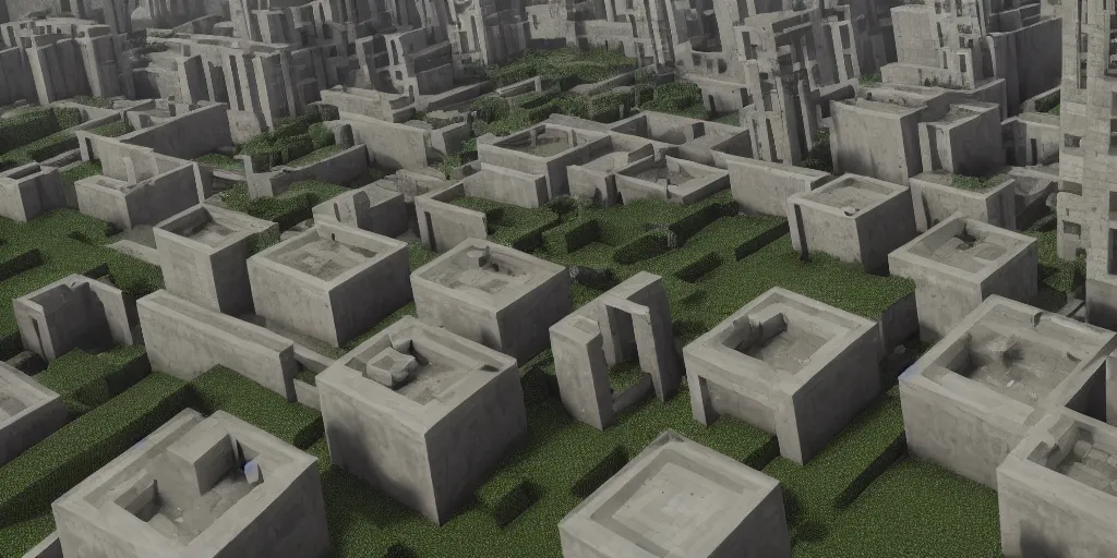 Image similar to brutalist concrete pyramids in minecraft style by Le Corbusier, abandoned temples, empty city streetscapes, surrounded by lush green vegetation, ground-level view, puddles of water, stunning volumetric lighting, sunset, trending on Artstation, 8k, photorealistic, hyper detailed, unreal engine 5, cinematic, epic lighting, cryengine, octane render, cyberpunk,, dark, gloomy