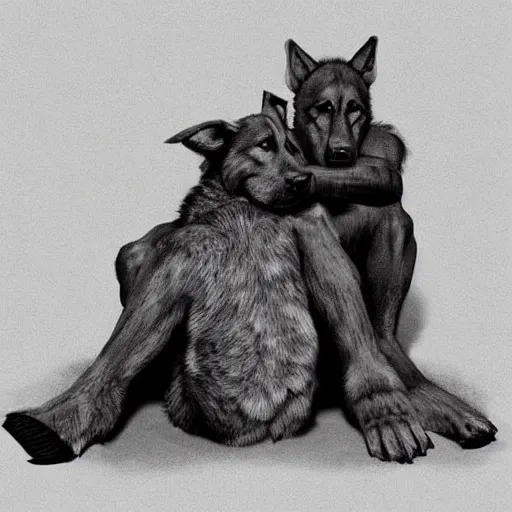 Image similar to two humanoid german shepherds beast - men, sitting on a couch and hugging together, artstation, concept art, smooth, sharp foccus ilustration, artstation