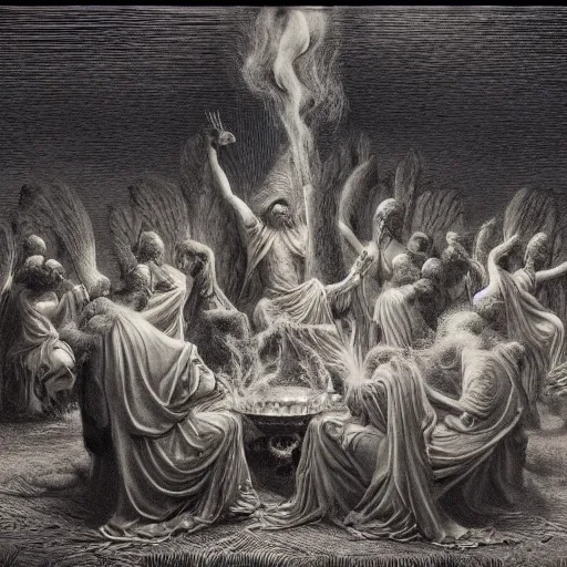 Image similar to seven angels come forth and receive seven bowls full of the wrath of god, smoke fills the temple so that no one can enter till the plagues of the seven angels have been complete, by gustave dore and stephen hickman and allen williams, trending on artstation, cgsociety, 4 k hd, earthtone colors, skulls in the smoke, an open canvas tent in the background