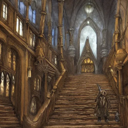 Image similar to hogwarts grand staircase, a detailed matte painting by anton pieck, deviantart contest winner, fantasy art, concept art, official art, matte drawing