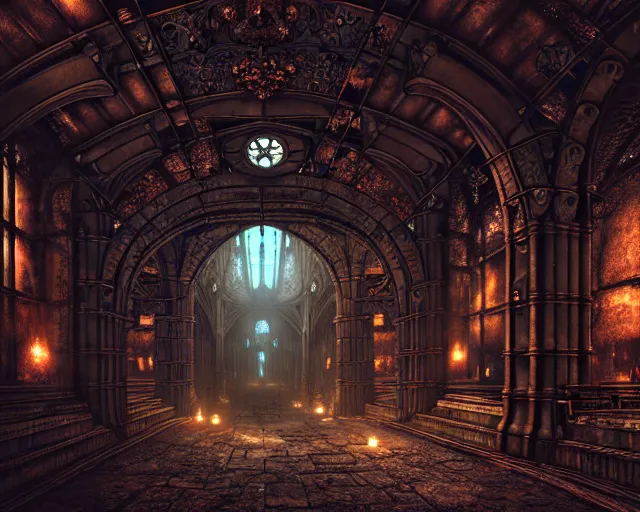 Image similar to steam necropolis, memento mori, gothic, neo - gothic, art nouveau, hyperdetailed copper patina medieval icon, stefan morrell, philippe druillet, ralph mcquarrie, concept art, steampunk, unreal engine, detailed intricate environment, octane render, moody atmospherics, volumetric lighting, ultrasharp, ominous, otherworldly