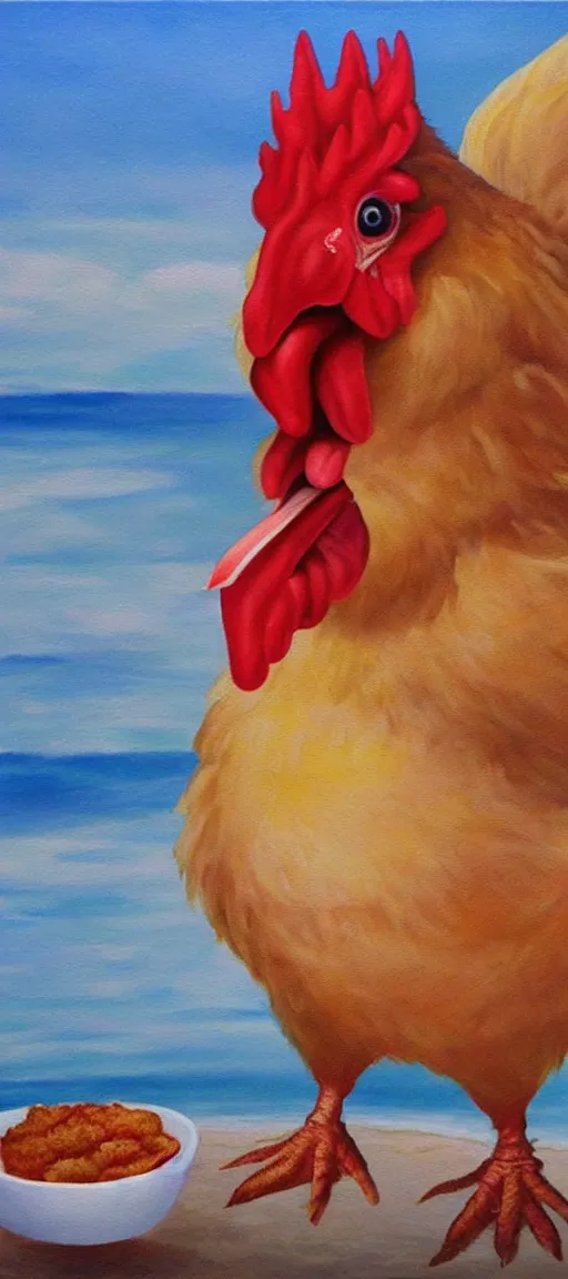 Prompt: beautiful painting of a giant chicken with lips that is eating KFC on the beach