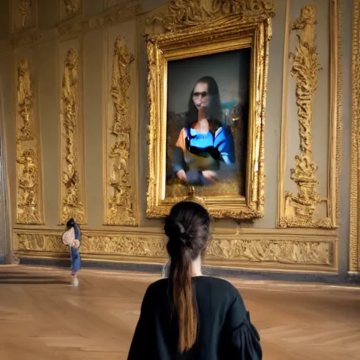 Image similar to shot from a distance, full room view, renaissance, rococo, manga, tonal, young lady, thin, dark hair, wearing flowing long babydoll - dress, flowers!, viewing the mona lisa painting inside the lourve