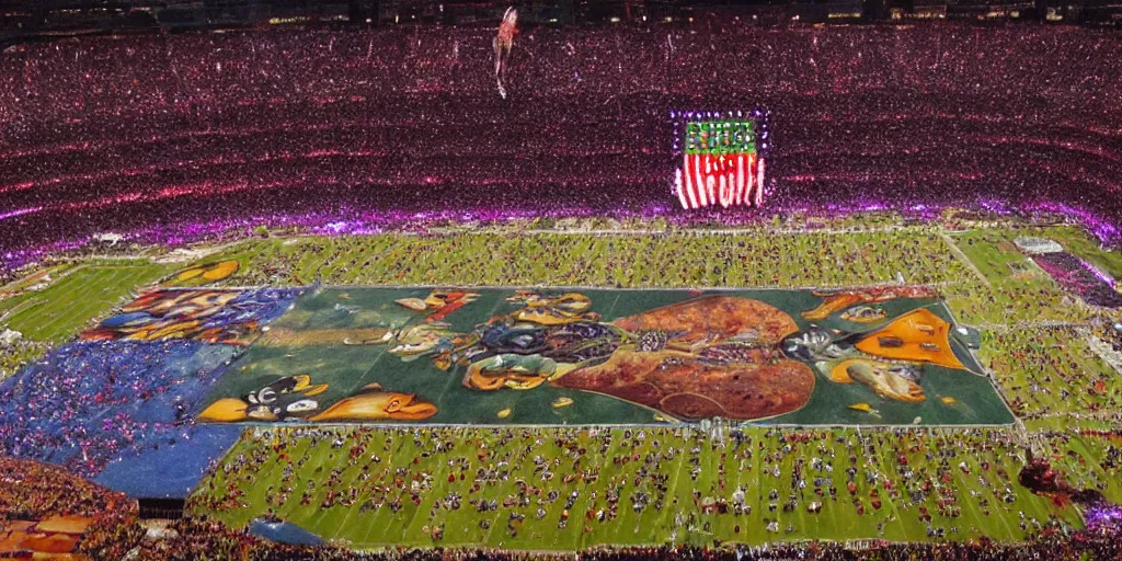 Image similar to superbowl halftime show in the style of salvador dali