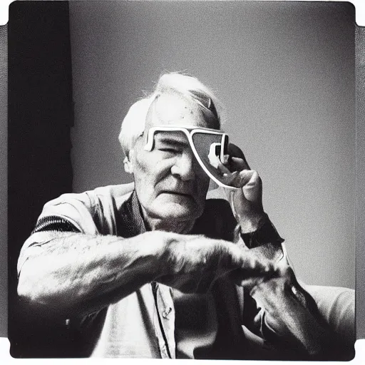 Image similar to Timothy Leary sitting Down with a VR headset on, 1994, Polaroid