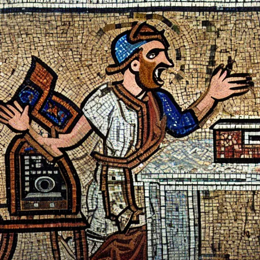 Image similar to ancient roman mosaic of a guy yelling at his computer, highly detailed, high quality, high resolution