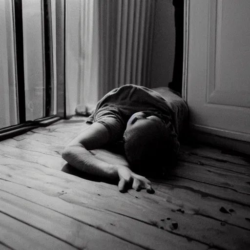 Image similar to a creepy looking human crawling out from underneath the bed, with the light of the window reflecting on him, black and white 35mm photograph.