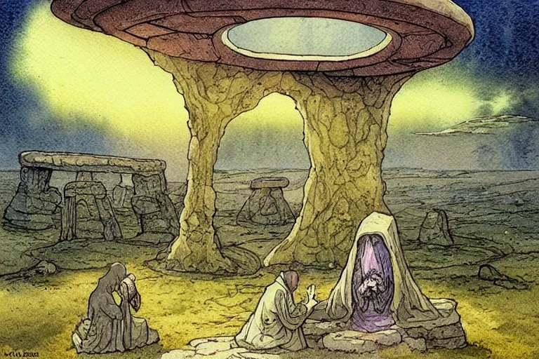 Image similar to a realistic and atmospheric watercolour fantasy concept art of a ufo landing in a tiny stonehenge. one dirty medieval monk in grey robes is on his knees praying to the ufo. muted colors. by rebecca guay, michael kaluta, charles vess and jean moebius giraud