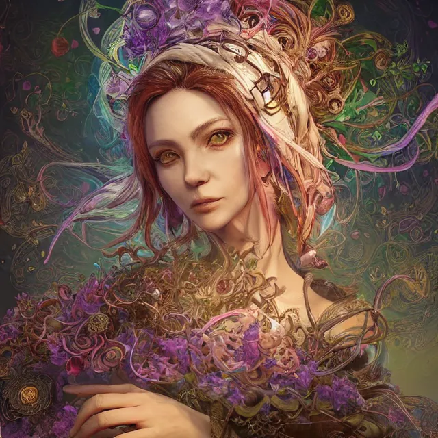 Image similar to the portrait of chaotic good female druid alchemist as absurdly beautiful, gorgeous, elegant, mature happy woman, an ultrafine hyperdetailed illustration by kim jung gi, irakli nadar, intricate linework, sharp focus, bright colors, octopath traveler, final fantasy, unreal engine 5 highly rendered, global illumination, radiant light, detailed and intricate environment