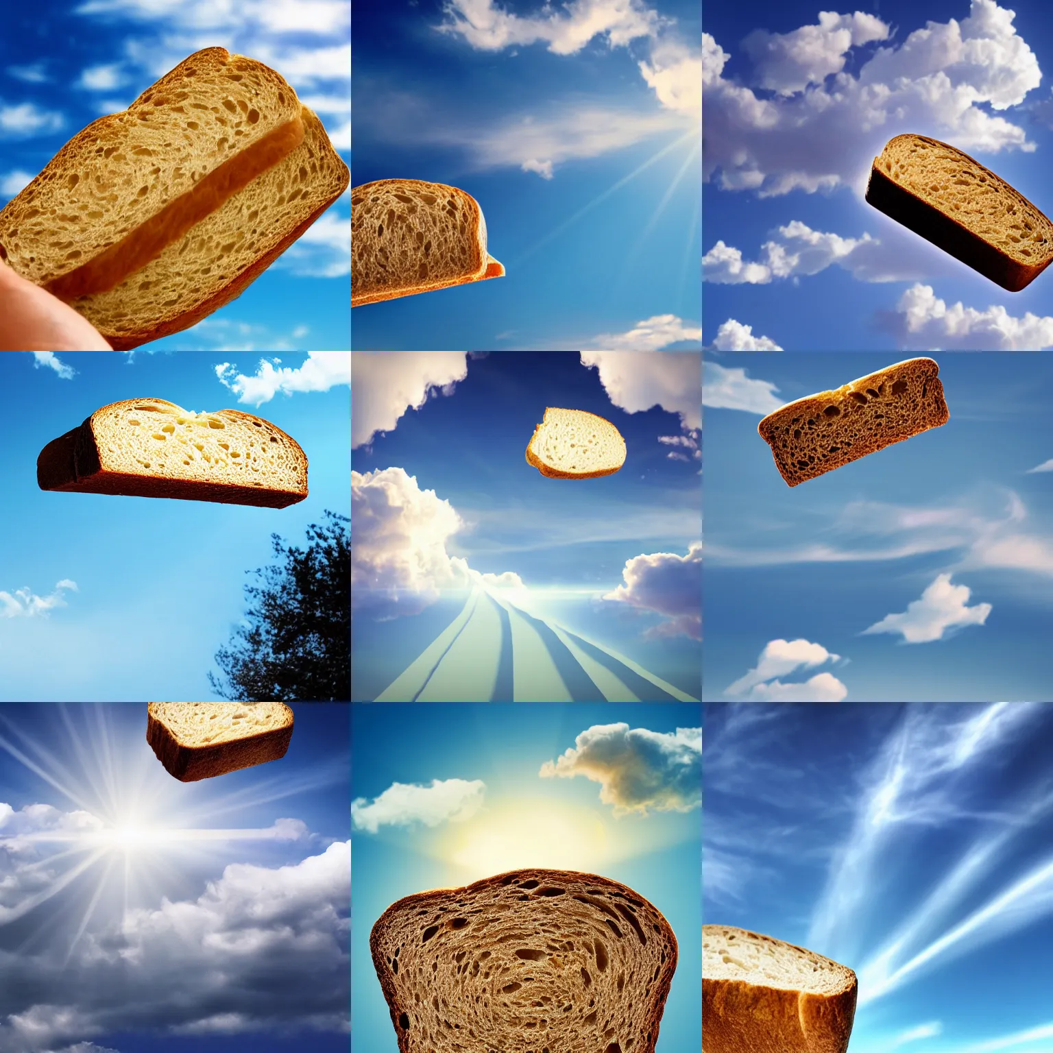 Prompt: slice of bread ascending to heaven, sky in the background, bread floating