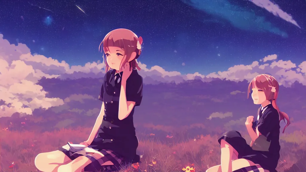 Image similar to a schoolgirl girl sat on the hillside and looked at the stars in the night sky, midnight, spectacular milky way, shining meteor, rich vivid colors, ambient lighting, official media, anime key visual, makoto shinkai, ilya kuvshinov, lois van baarle, rossdraws, detailed, trending on artstation.